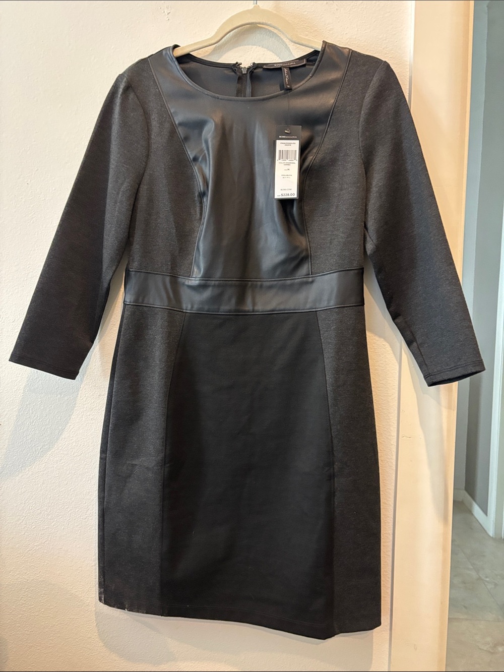 BCBGMaxAzria Black Faux-Leather Paneled Long-Sleeve Sheath Dress Charcoal Medium